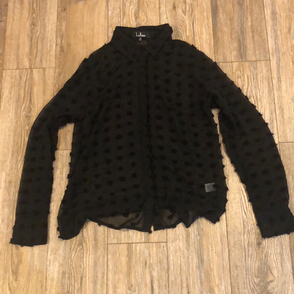 Lulus Black Sheer Swiss Polka Dot Blouse Size M